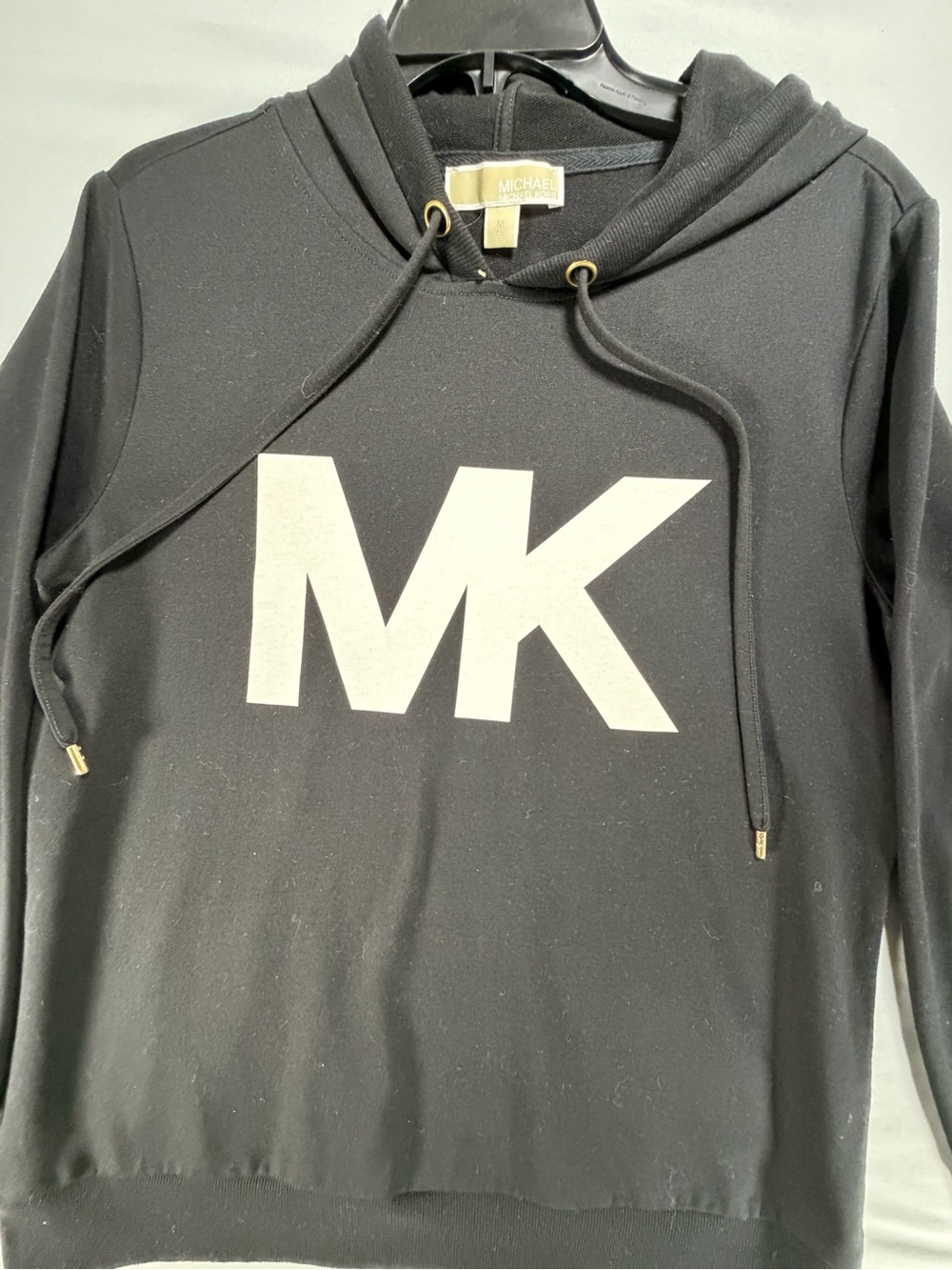 Michael Kors Women Medium Black Pullover Hoodie Big White MK Logo Sweatshirt - Picture 3 of 6